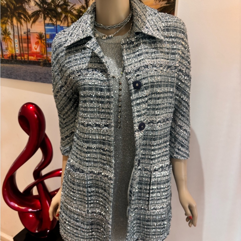 St. John Tweed Blazer Jacket suit metallic silver 4 S outfit